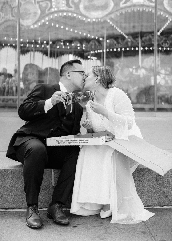 Bride and Groom eating pizza on wedding day in Brooklyn