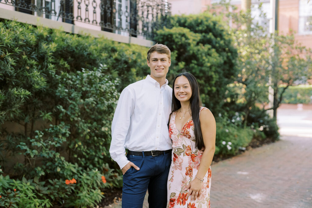 Couple smiling together in Forsyth Park 
